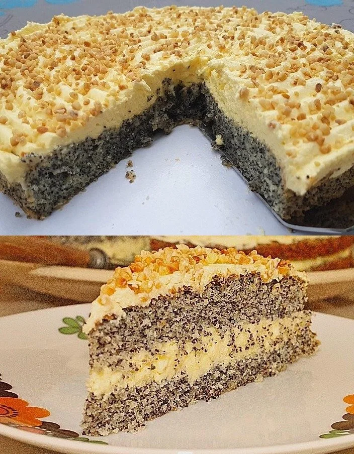 Mohnkuchen mit Sahne und Haselnuss