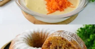 Saftiger Möhrenkuchen mit Mandeln auf einem Holzbrett