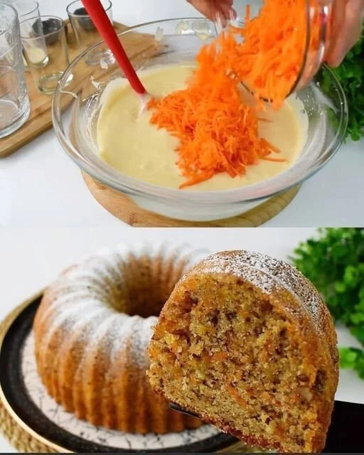 Saftiger Möhrenkuchen mit Mandeln auf einem Holzbrett