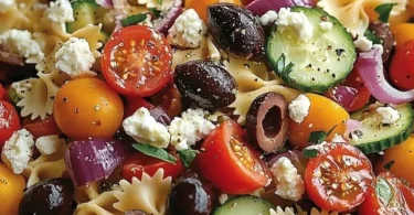 Nudelsalat mit Feta und Gemüse in einer bunten Schüssel serviert