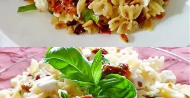 Leckere Nudelsalat mit getrockneten Tomaten, Pinienkernen, Feta und Basilikum.