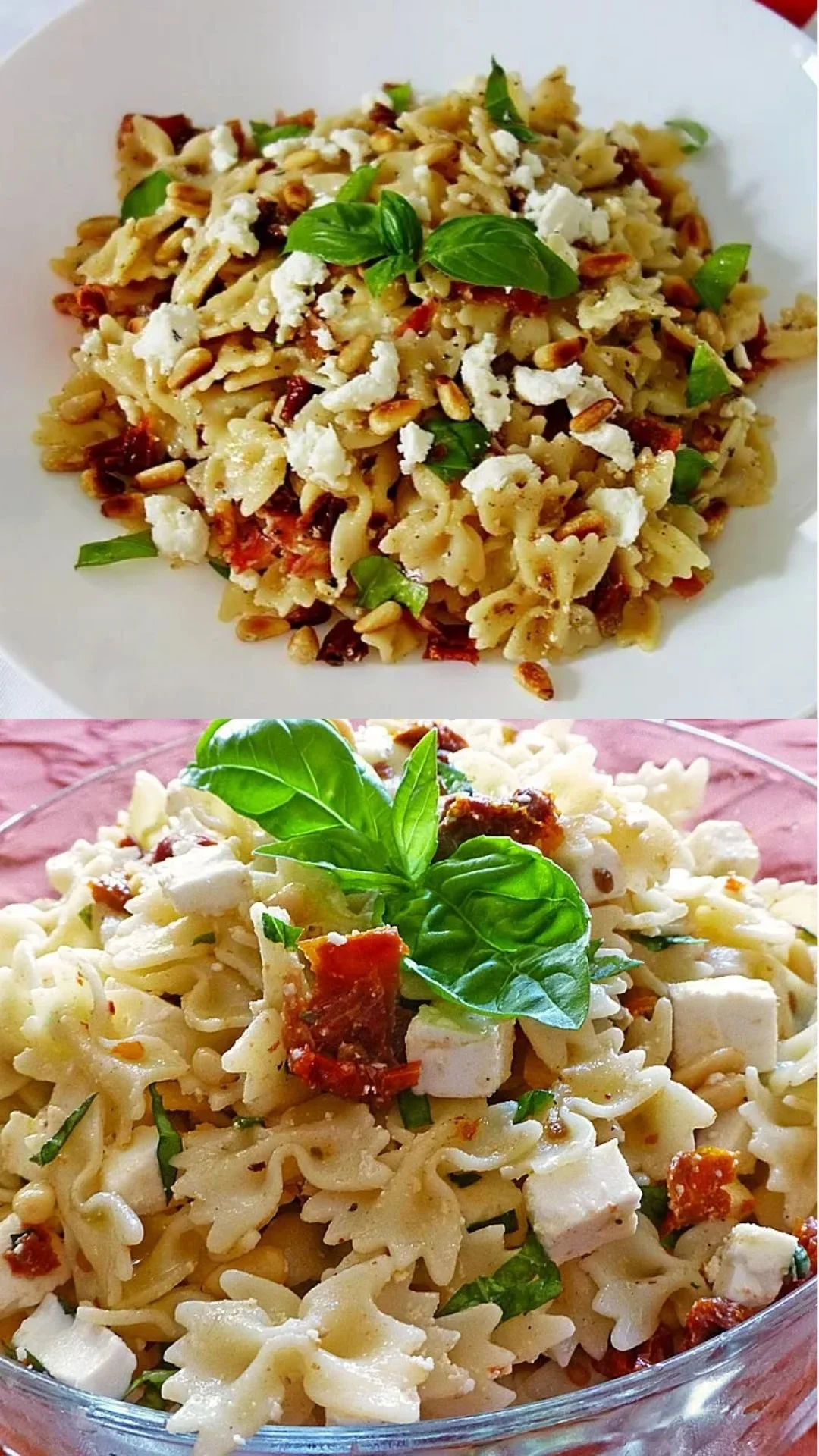Leckere Nudelsalat mit getrockneten Tomaten, Pinienkernen, Feta und Basilikum.