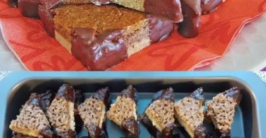 Leckere Nussecken auf einem Teller, garniert mit Schokolade und Nüssen.