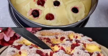 Omas bester Kirschenkuchen mit Vanillepudding, frisch gebacken und serviert.
