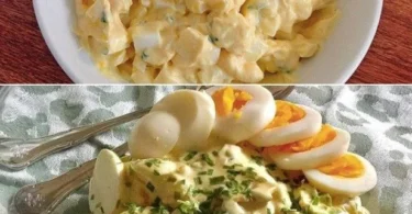 Omas Knoblauch-Ei-Salat mit Eiern und Knoblauch auf einem Teller serviert