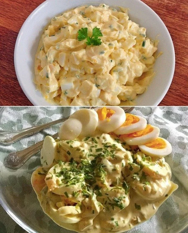 Omas Knoblauch-Ei-Salat mit Eiern und Knoblauch auf einem Teller serviert