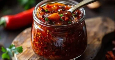 Hausgemachtes Paprika-Zwiebel-Chutney in einem Glas mit frischen Zutaten