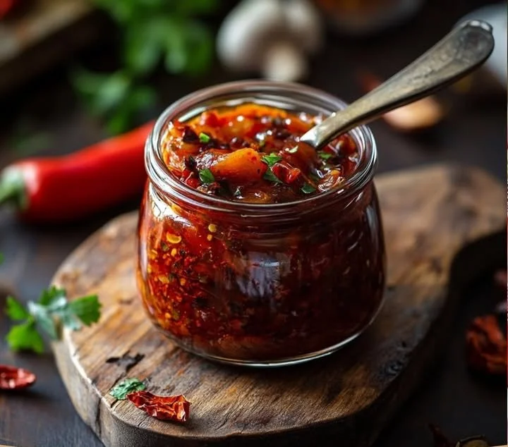 Hausgemachtes Paprika-Zwiebel-Chutney in einem Glas mit frischen Zutaten