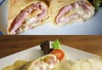Pfannkuchen mit Schinken und Käse auf einem Teller serviert