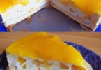 Saftiger Pfirsich-Passionfrucht-Kuchen, frisch gebacken und dekoriert.