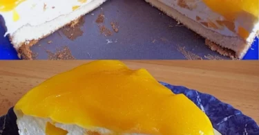 Saftiger Pfirsich-Passionfrucht-Kuchen, frisch gebacken und dekoriert.