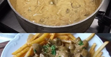 Delikate Pilzrahmsauce mit Schinken auf einem Teller serviert