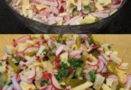 Frischer Radieschen-Käse-Salat in einer Schüssel, dekoriert mit Kräutern.