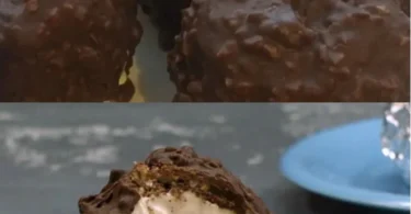 Rocher-Eisball mit Nutella und Karamellsauce auf einem Teller