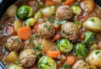 Rosenkohl-Eintopf mit saftigen Fleischbällchen in einem bunten Teller.