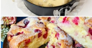 Sauer-Kirsch-Pudding-Kuchen mit frischen Kirschen und Puddingfüllung