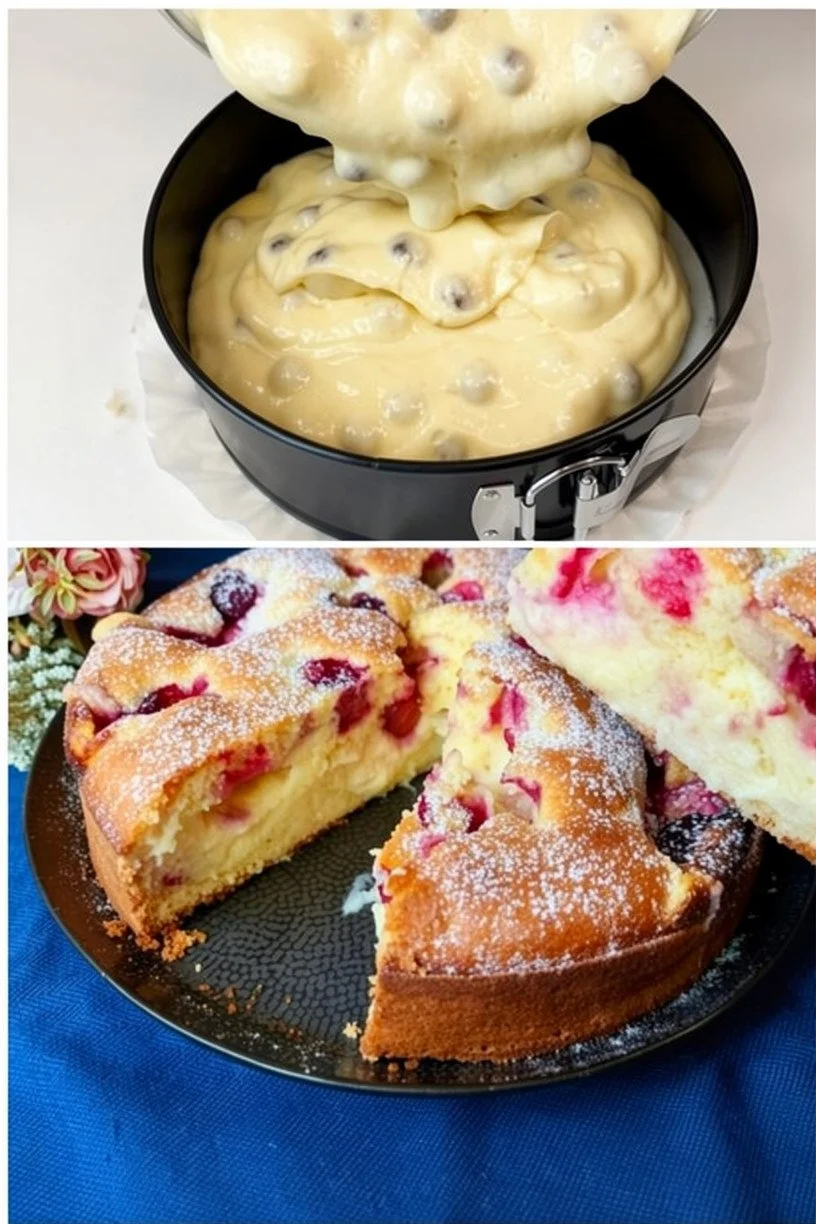 Sauer-Kirsch-Pudding-Kuchen mit frischen Kirschen und Puddingfüllung