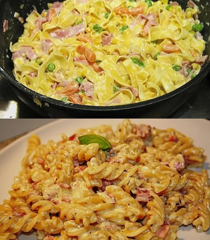 Delicious Sauerrahm Schinken Nudeln served in a bowl