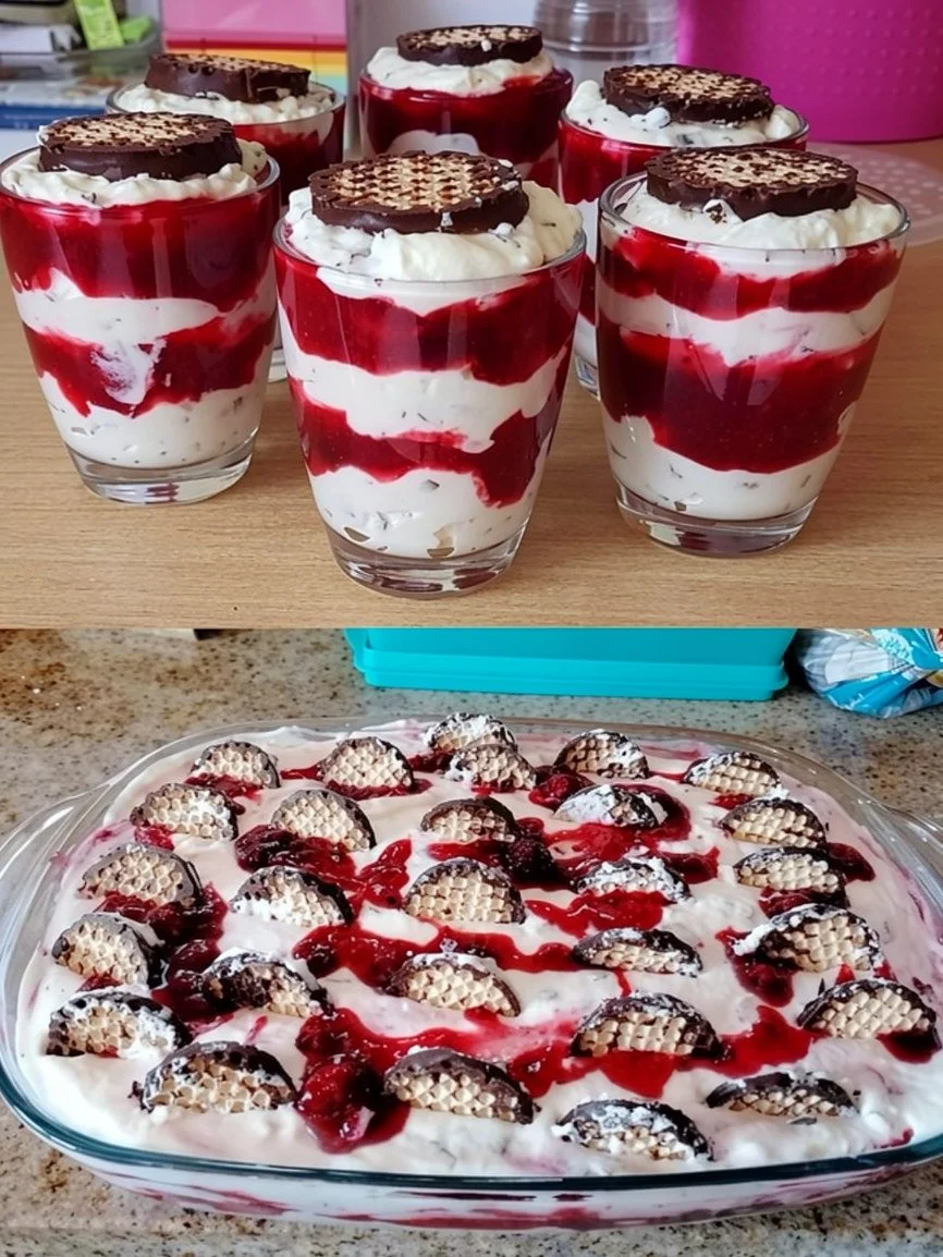 Schichtdessert mit Schokoladenküssen und rotem Fruchtkompott