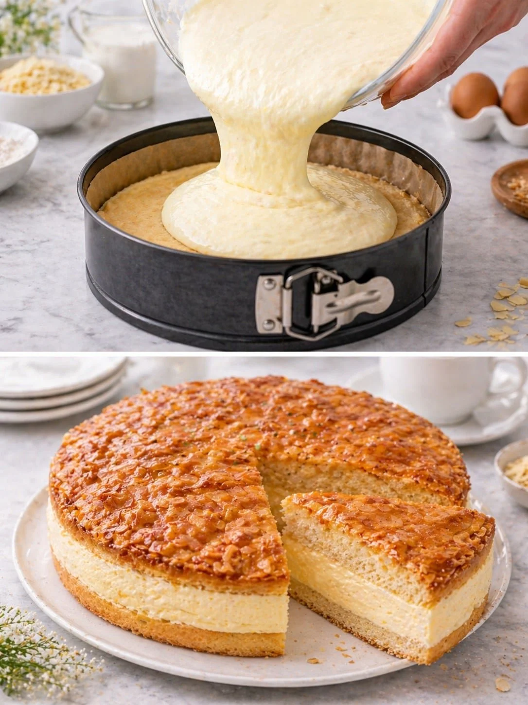 Klassischer Bienenstich Kuchen nach Omas Rezept, mit Sahne und Mandeln