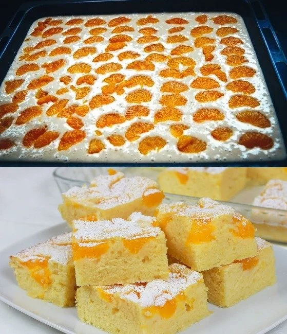 Buttermilchkuchen mit Mandarinen auf einem Teller serviert