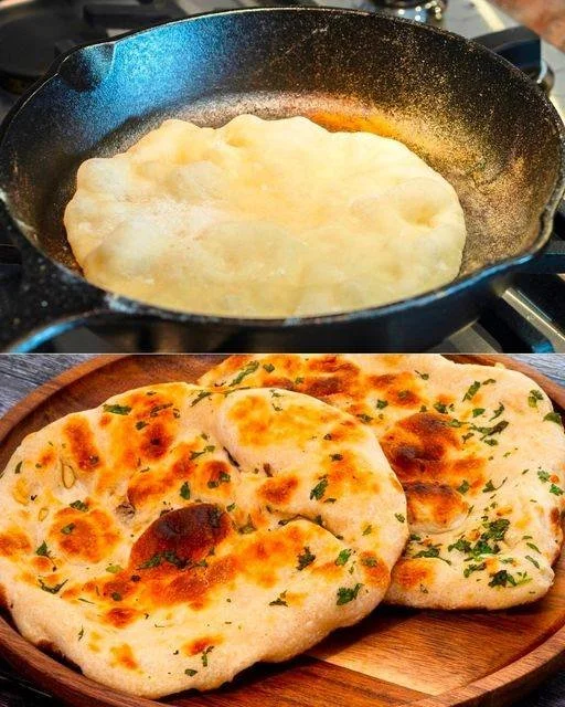 Schnelles Fladenbrot ohne Hefe frisch gebacken auf einem Holzbrett