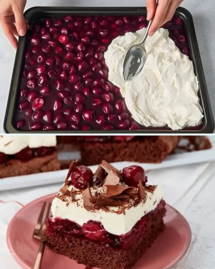 Schwarzwälder Kirschtorte vom Blech mit Kirschen und Schlagsahne