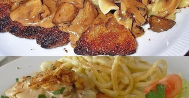 Schweineschnitzel mit Pilzrahmsauce und Spätzle serviert auf einem Teller