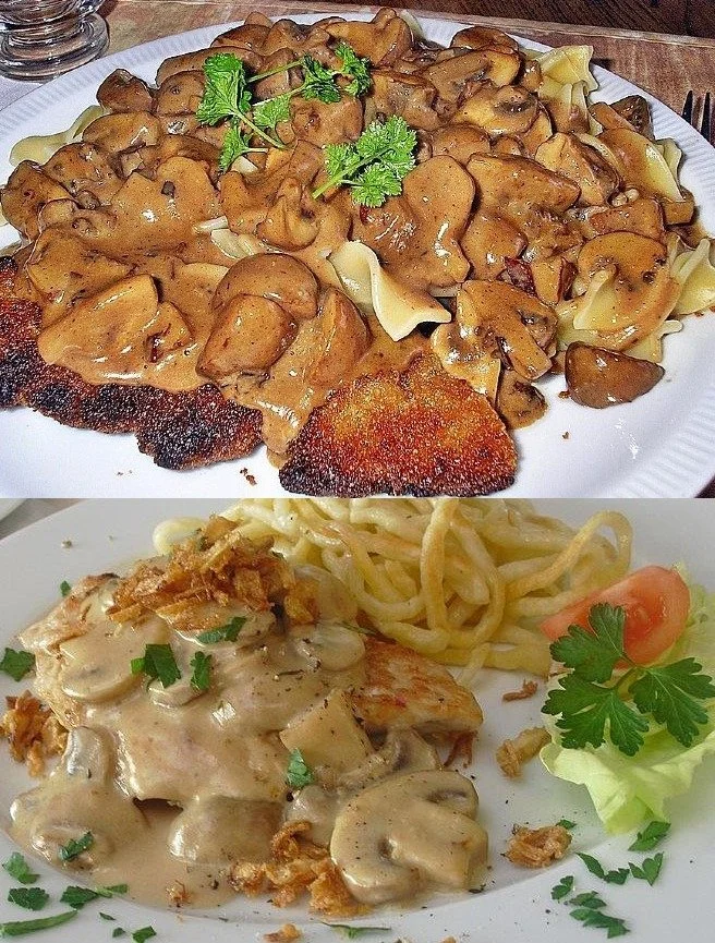 Schweineschnitzel mit Pilzrahmsauce und Spätzle serviert auf einem Teller
