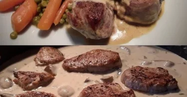 Schweineschnitzel mit herzhaftem Senfsoße serviert auf einem Teller