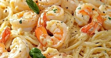 Spaghetti mit Garnelen in cremiger Frischkäse-Sauce auf einem Teller serviert