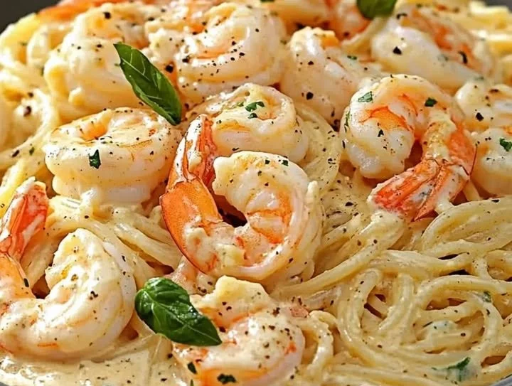Spaghetti mit Garnelen in cremiger Frischkäse-Sauce