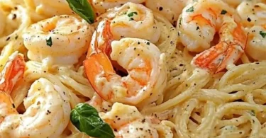 Spaghetti mit Garnelen in cremiger Frischkäse-Sauce auf einem Teller serviert.