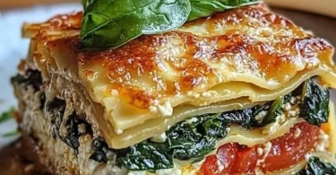 Leckere Spinatlasagne mit Feta und frischen Tomaten auf einem Teller serviert.
