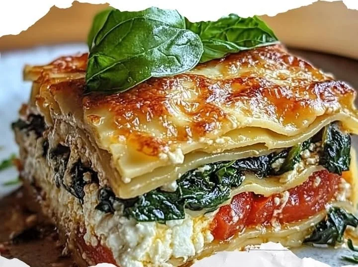 Leckere Spinatlasagne mit Feta und frischen Tomaten auf einem Teller serviert.