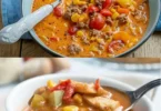 Köstliche Suppe mit Hackfleisch und frischem Gemüse in einem Topf