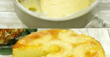 Umgekehrter Kuchen mit Ananas, serviert auf einem Teller, frisch gebacken