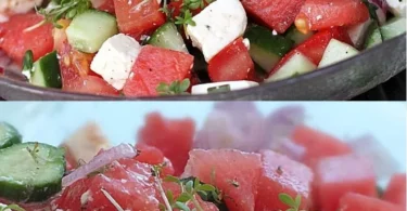 Wassermelonensalat mit Feta, Gurke und Tomaten auf einem Teller