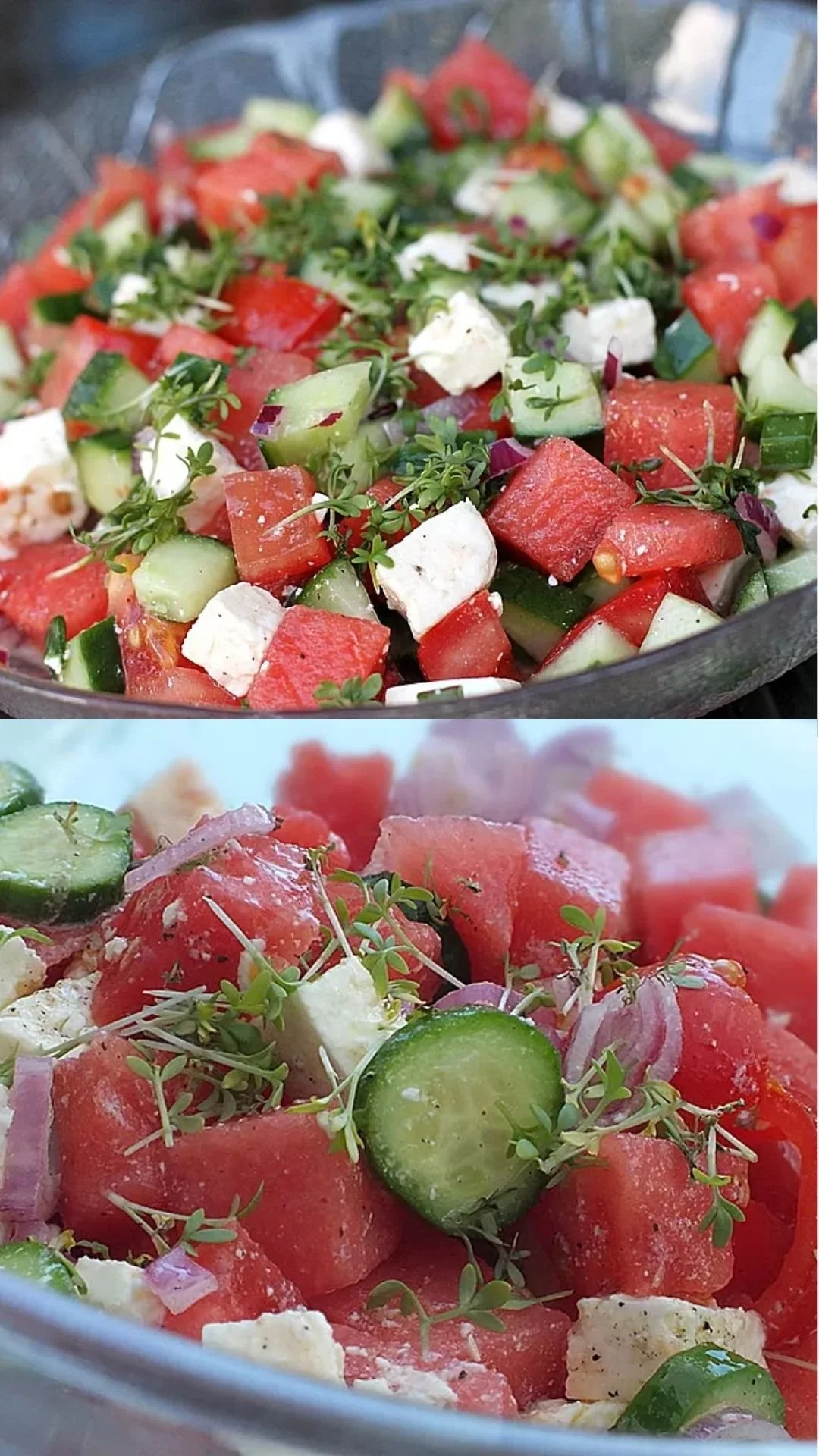 Wassermelonensalat mit Feta, Gurke und Tomaten auf einem Teller