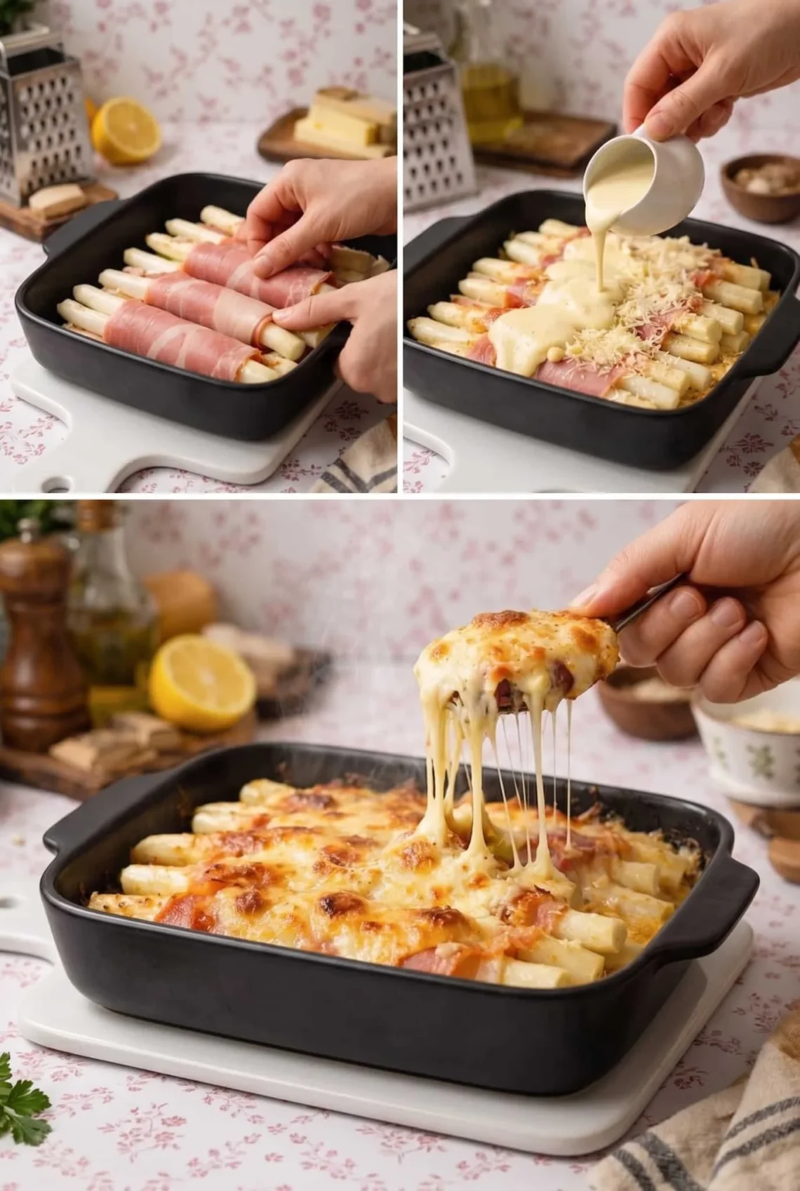 Weißer Spargel mit Schinken und Sauce Hollandaise auf einem Teller