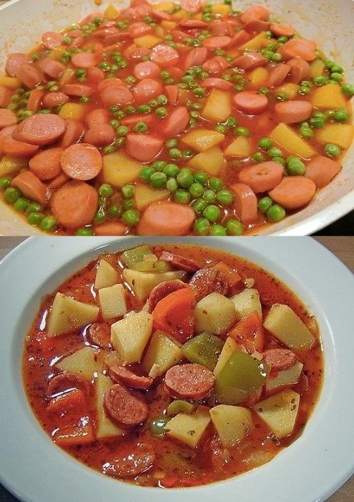 Wiener Würstchen mit Kartoffeln und Erbsen