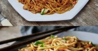 Wok-Nudeln mit Hähnchen und Gemüse in einer schmackhaften Pfanne zubereitet.