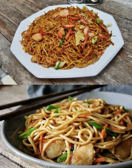 Wok-Nudeln mit Hähnchen und Gemüse in einer schmackhaften Pfanne zubereitet.