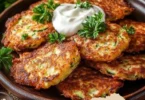 Zucchini-Puffer mit Haferflocken auf einem Teller serviert