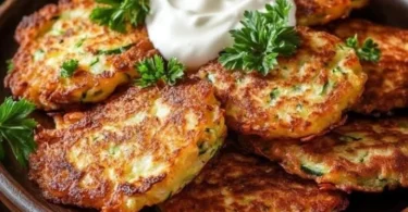 Zucchini-Puffer mit Haferflocken auf einem Teller serviert