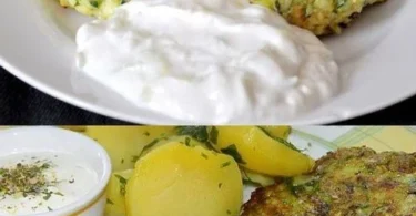 Zucchini-Puffer serviert mit frischem Tzatziki-Dip