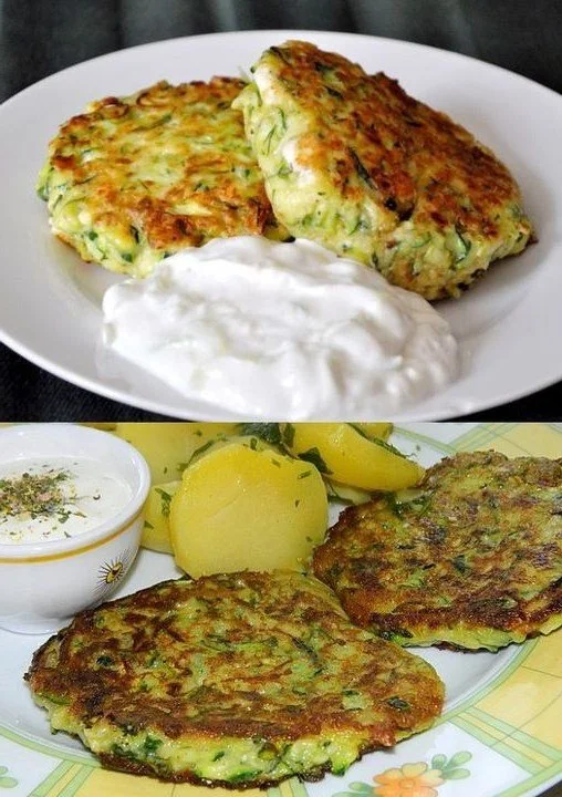 Zucchini-Puffer serviert mit frischem Tzatziki-Dip