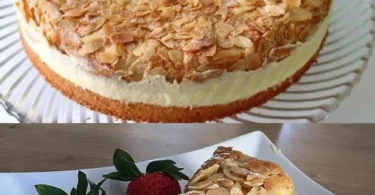 Ein appetitlicher Mandelkuchen auf einem dekorativen Teller.