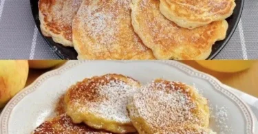 Leckere Apfel Joghurt Pfannkuchen auf einem Teller, dekoriert mit frischen Äpfeln.