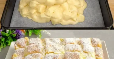 Leckere Apfelkuchen mit Vanillepudding auf einem Teller serviert